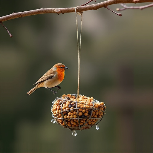 Fat ball bird feeder hanging from branch