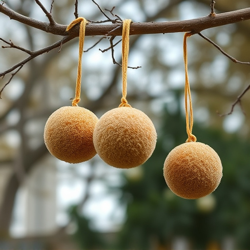 Fat balls hanging from tree branch