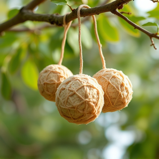 Fat balls hanging from tree branch