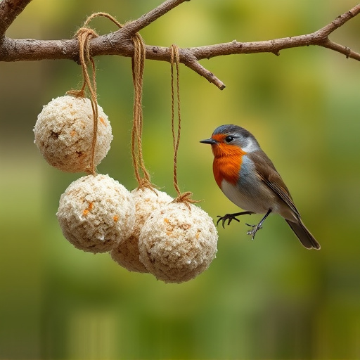 Fat balls hanging near robin perch