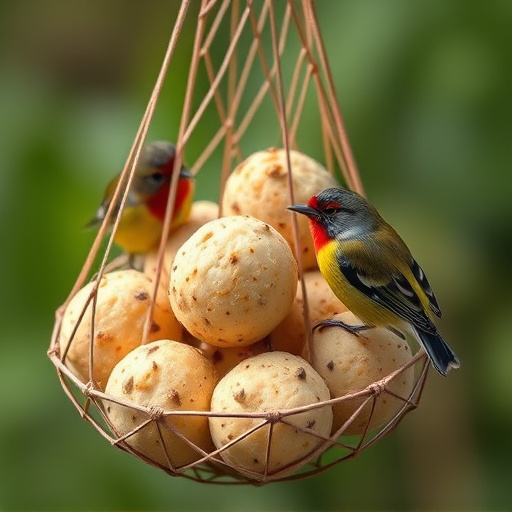 Fat balls in mesh feeder with tits