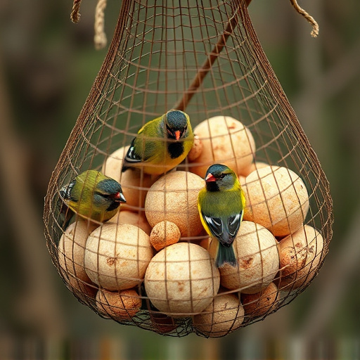 Fat balls in mesh feeder with tits