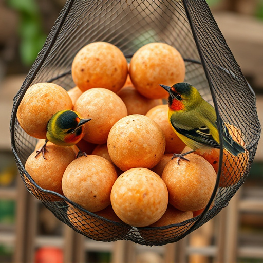 Fat balls in mesh feeder with tits