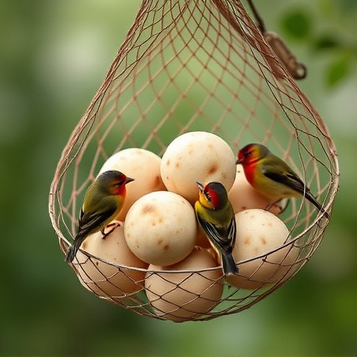Fat balls in mesh feeder with tits