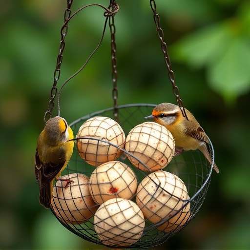 Fat balls in mesh feeder with tits