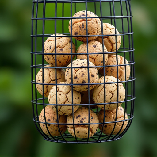 Fat balls stacked in wire bird feeder