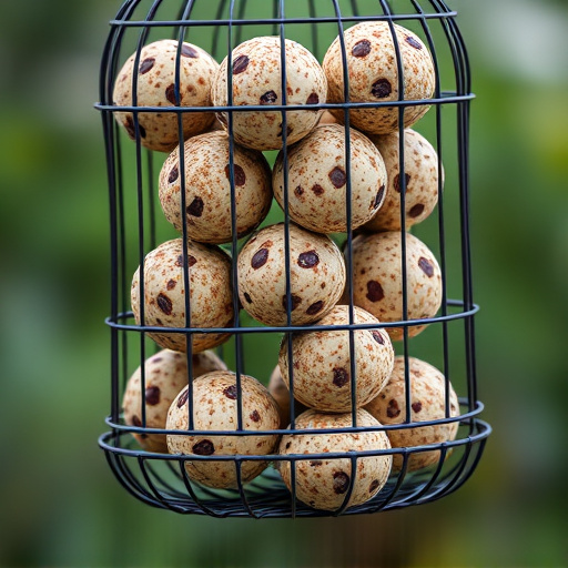 Fat balls stacked in wire bird feeder