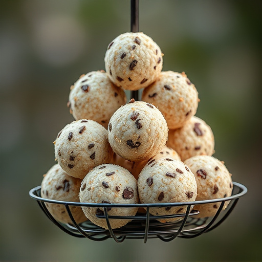 Fat balls stacked in wire bird feeder
