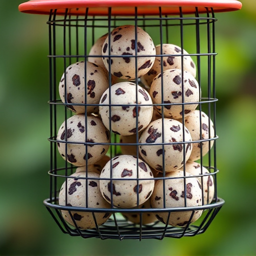 Fat balls stacked in wire bird feeder