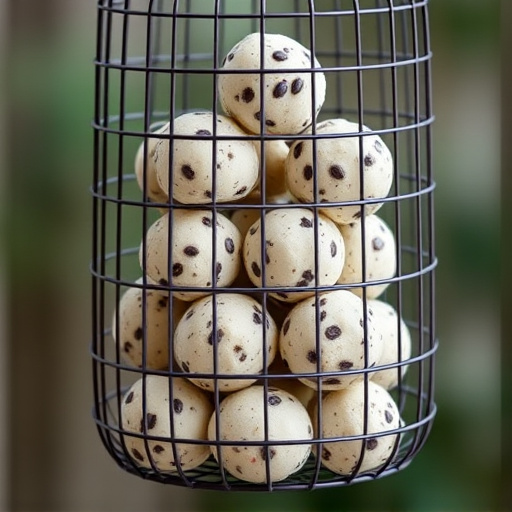 Fat balls stacked in wire bird feeder