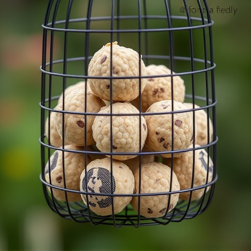 Fat balls stacked in wire bird feeder