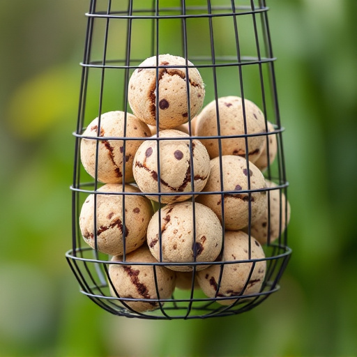 Fat balls stacked in wire bird feeder