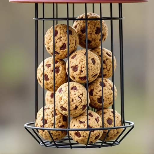 Fat balls stacked in wire bird feeder