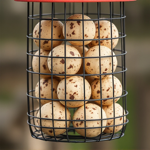 Fat balls stacked in wire bird feeder