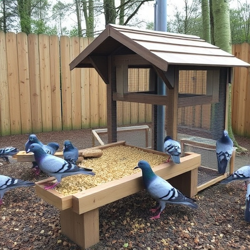 Feeding area with pigeon-proof features