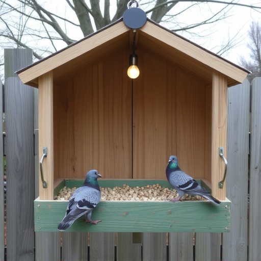 Feeding area with pigeon-proof features