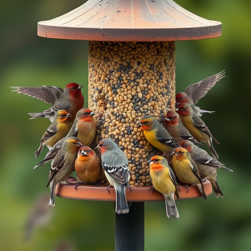Finch flock gathered around seed station