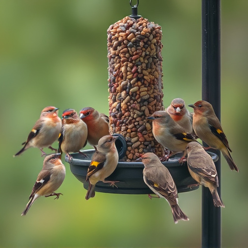 Finch flock gathered around seed station