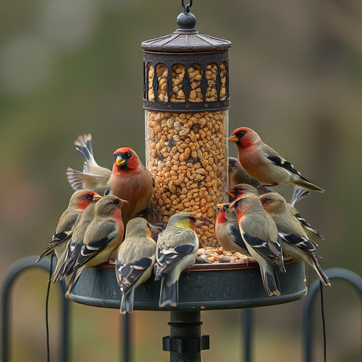 Finch flock gathered around seed station