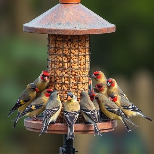 Finch flock gathered around seed station