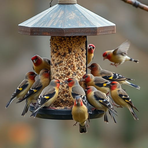 Finch flock gathered around seed station