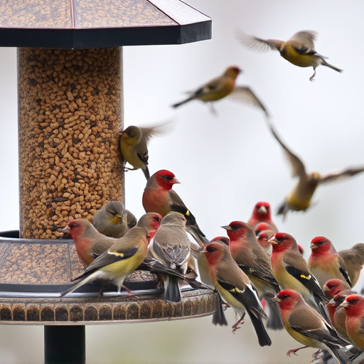 Finch flock gathered around seed station