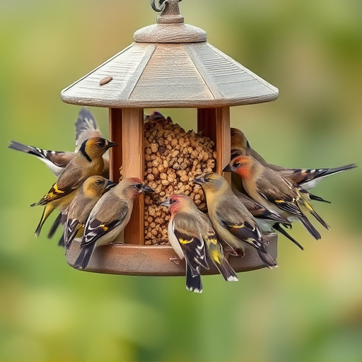 Finch flock gathered around seed station