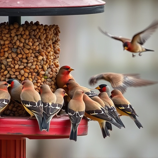 Finch flock gathered around seed station