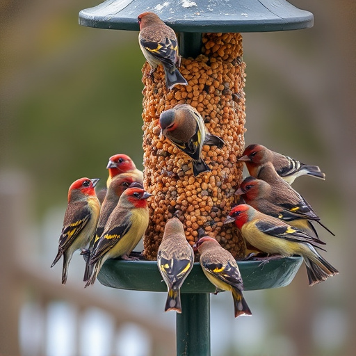 Finch flock gathered around seed station
