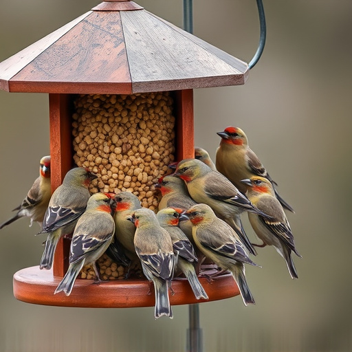 Finch flock gathered around seed station
