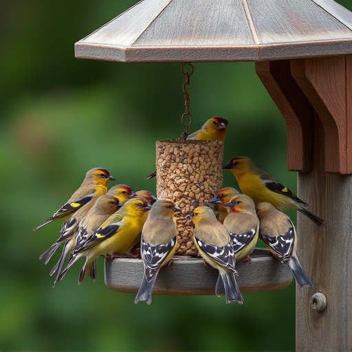 Finch flock gathered around seed station