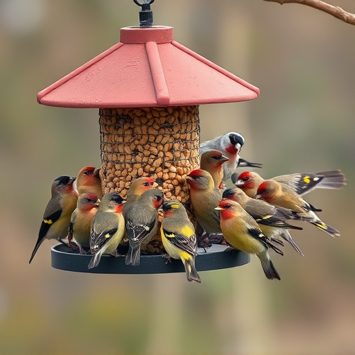 Finch flock gathered around seed station