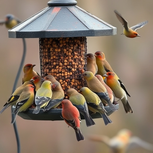 Finch flock gathered around seed station
