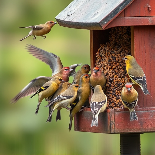 Finch flock gathered around seed station