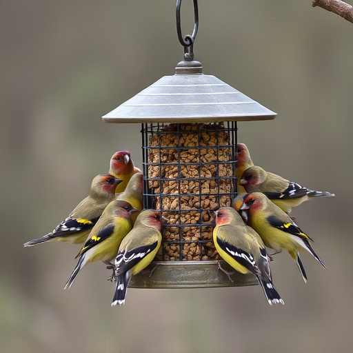 Finch flock gathered around seed station