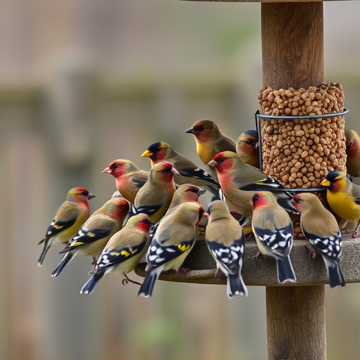 Finch flock gathered around seed station