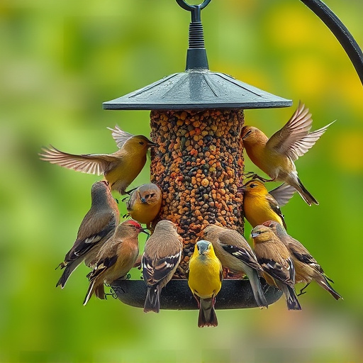 Finch flock gathered around seed station