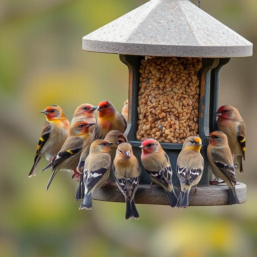 Finch flock gathered around seed station