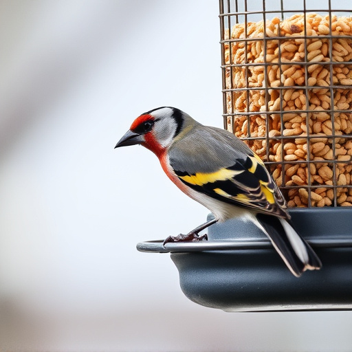 Finch on hanging feeder with tiny seeds