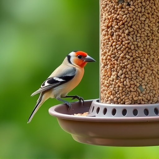 Finch on hanging feeder with tiny seeds