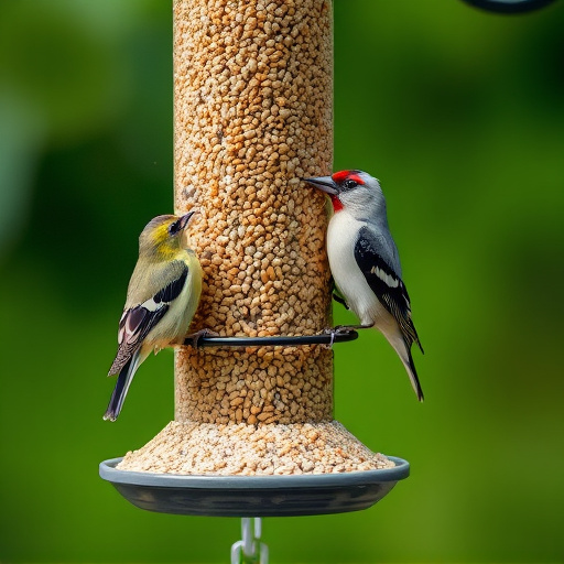 Finch on hanging feeder with tiny seeds