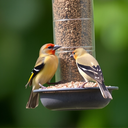 Finch on hanging feeder with tiny seeds