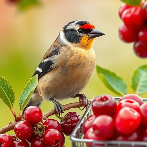 Finch perched beside berry-flavoured suet
