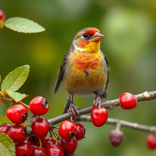 Finch perched beside berry-flavoured suet