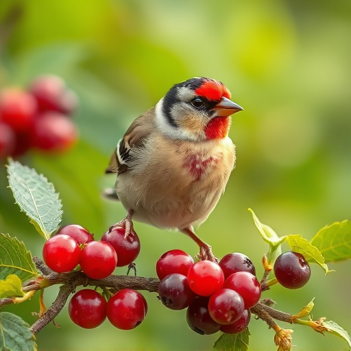Finch perched beside berry-flavoured suet