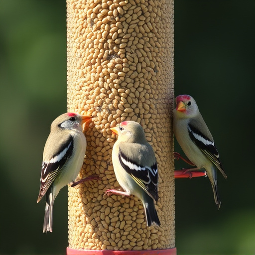 Finches feeding on nyjer seed feeder
