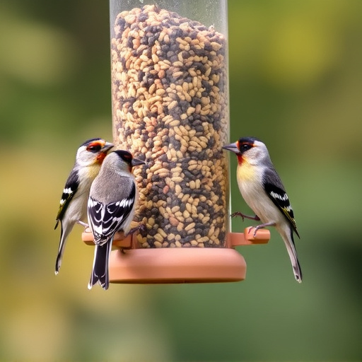 Finches feeding on nyjer seed feeder