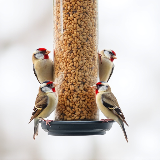 Finches feeding on nyjer seed feeder