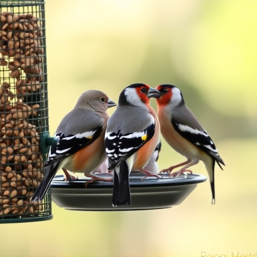 Finches feeding on nyjer seed feeder