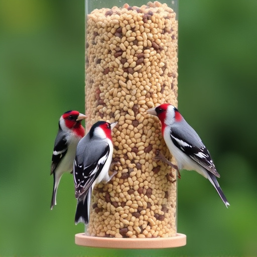 Finches feeding on nyjer seed feeder